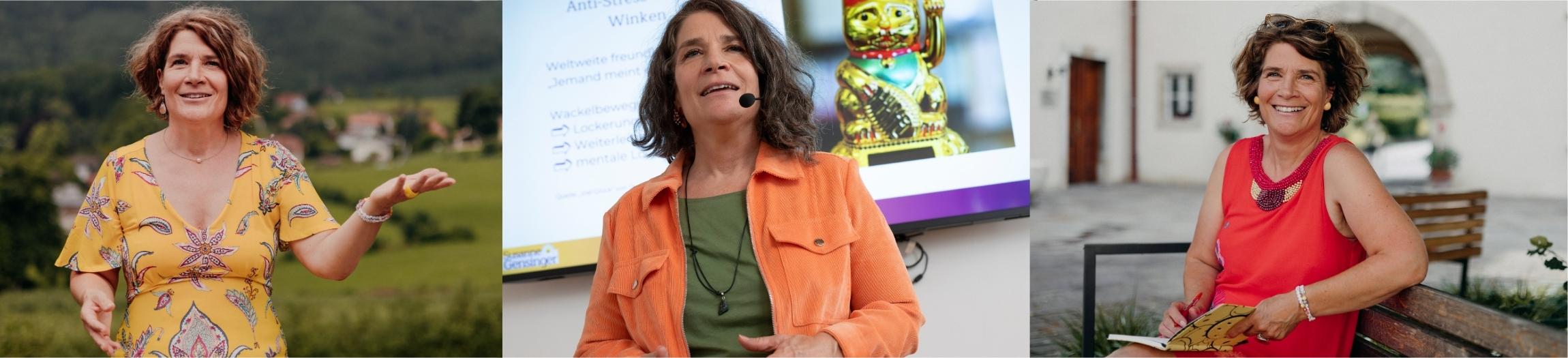 Fotocollage mit links einer Makroaufnahme einer violetten Brille, hinter den Gläsern sind ein Namensschild und ein Blumenstrauß in violett zu sehen, in der Mitte Susanne Gensinger am Tisch sitzend, rechts eine Sitzgruppe mit einem violetten Blumenstrauß auf dem Glastisch